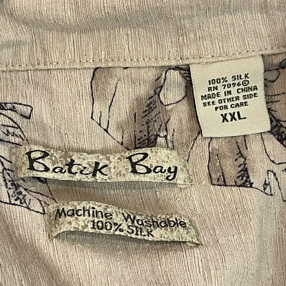 Batek Bay 100% silk mens shirt tan and blue with leaves  XXL